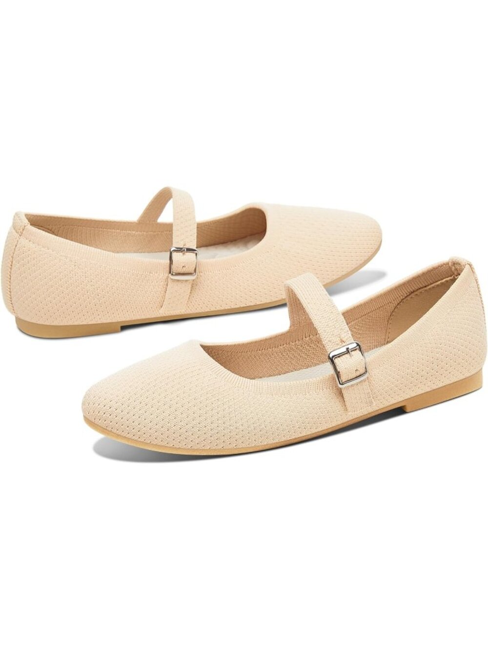 Women's Cream Knit Mary Jane Flats Breathable Mesh Strap Ballet Flats Soft